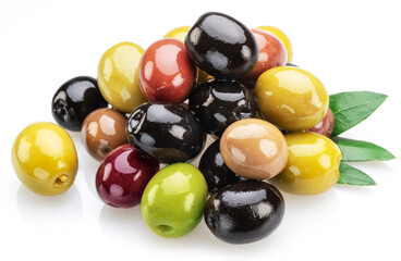 Kalamata, green and black olives isolated on white background.