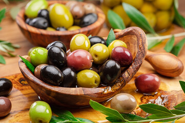 Kalamata, green and black olives in the wooden bowl. Food background.