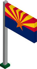 Arizona US state flag on flagpole in isometric dimension.