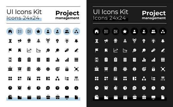 Project management glyph ui icons kit for dark, light mode. Task solving. Silhouette symbols for night, day themes. Solid pictograms. Vector isolated illustrations. Poppins font used