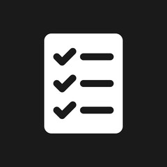 Checklist of completed tasks pixel dark mode glyph ui icon. Planner. User interface design. White silhouette symbol on black space. Solid pictogram for web, mobile. Vector isolated illustration