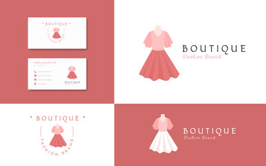 Pink dress boutique logo. fashion and lifestyle boutique brand symbol identity with business card design