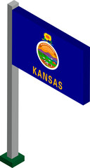 Kansas US state flag on flagpole in isometric dimension.