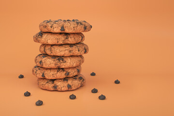 A stack of cookies with chocolate chips on a brown background, 3d render