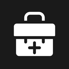 Briefcase with plus pixel dark mode glyph ui icon. Business communication. User interface design. White silhouette symbol on black space. Solid pictogram for web, mobile. Vector isolated illustration