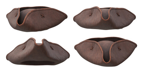 Collection of leather brown pirate hats, 3d render