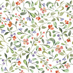 Watercolor  seamless pattern with  flowers, leaves. Hand drawn floral illustration isolated on white background.