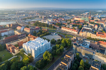 Szczecin city panorama aerial image at sunrise. - obrazy, fototapety, plakaty