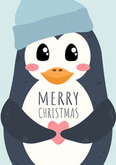 Merry christmas card with cute penguin and heart. Flat holiday postcard template. 