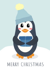 Merry christmas card with cute penguin in a hat and gift. Vector illustrations for the winter holidays.  