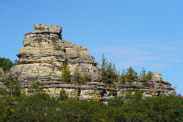 Fototapeta na wymiar Rock formation on top of a mountain near Camp Douglas, Wisconsin