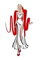Fashion sketch of a slim blond haired model in a white long dress and red shoes. Elegant tall woman with light wavy hair in white is walking.
