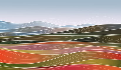 Colorful field, mountain and sky illustration. Abstract field illustration 