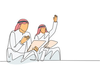 One continuous line drawing of young male muslim businessman take part in business coaching and raise hand to ask. Islamic clothing shemag, thobe, keffiyeh. Single line draw design vector illustration