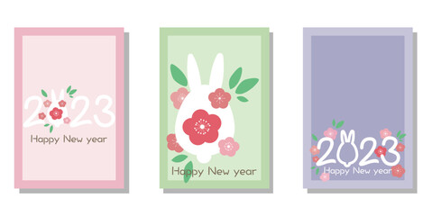 Set of new year frame illustration. Rabbit year 2023 new year template collection. Rabbit zodiac symbol and flower decoration vector template. Vector illustration. 