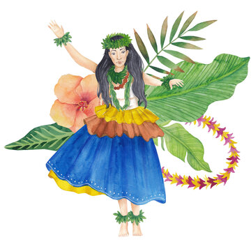 Watercolor hand drawn hawaiian composition with native dancer girl, flowers and tropic leaves