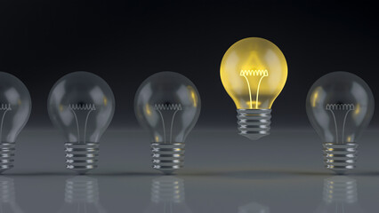 Light bulbs with glowing one different idea. Creativity and innovation ideas concept. Leadership, innovation, great idea and individuality concepts. 3d rendering