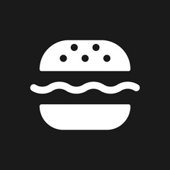 Burger dark mode glyph ui icon. Substantial meal. Fast food lunch. User interface design. White silhouette symbol on black space. Solid pictogram for web, mobile. Vector isolated illustration