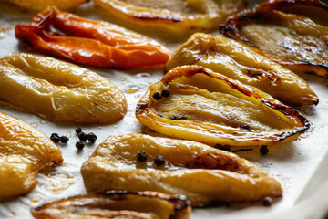 roasted bell pepper food healthy on baking tray, baked peppers, yellow and red pepperoni. Vegetable ingredients for healthy dinner or lunch. Seasoning peppers, autumn cousine