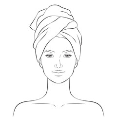 Beautiful young woman face with bath towel on her head, vector illustration