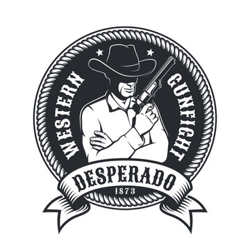 Western vintage emblem - Cowboy with pistol. Wild west retro logo with gunfighter.