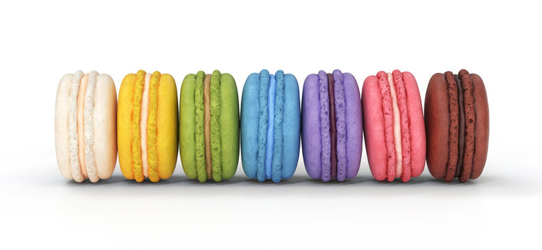 Collection of multicolored macaroons on a white background, 3d render