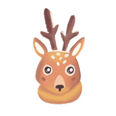 Textured funny hand drawn head of deer in scarf. Forest animal reindeer, fawn with winter mood.