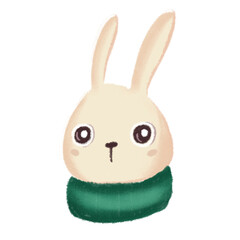Textured funny hand drawn head of bunny in scarf. Forest animal hare, rabbit with winter mood.