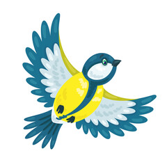 Cute little  titmouse is flying. In cartoon style. Isolated on white background. Vector flat illustration. © Shvetsova Yulia