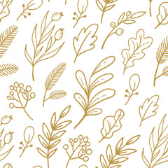Textured seamless pattern with golden elegant forest plants and berries on transparent background