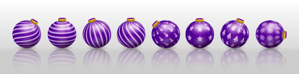 Set of purple Christmas ball decorations, with various patterns