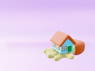 3d illustration hand holding house, graphic for illustration or icon in the yellow, green and blue color