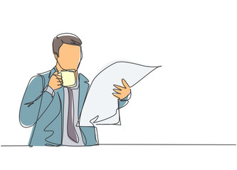 One continuous line drawing of young happy business man holding coffee mug while reading tabloid headline news at hotel lobby. Drinking tea concept single line sign draw design vector illustration - obrazy, fototapety, plakaty