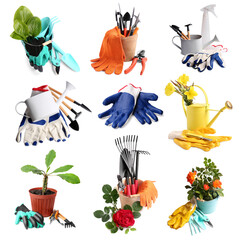 Set with different gardening tools and bright gloves on white background