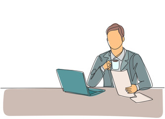 One continuous line drawing of young happy manager reading annual report from public accounting firm while holding a mug of coffee. Drinking coffee or tea concept graphic design vector illustration