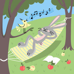 Happy rabbit listens to a bird sing resting in hammock in the garden. Vector colorful illustration in flat style.	
