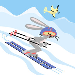 Happy rabbit skiing downhill. Vector colorful illustration in flat style.	
