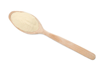 Wooden spoon of agar-agar powder isolated on white, top view