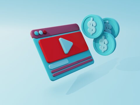 3d illustration get monetize from video, graphic for illustration or icon in the red, purple and blue background