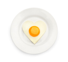 Plate with tasty fried egg in shape of heart and toast isolated on white, top view