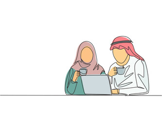 One single line drawing of young muslim and muslimah workers discussing at office. Arab middle east male and female cloth kandura, shemag, hijab and veil. Continuous line draw design illustration
