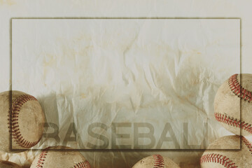 Old baseball balls with frame as retro sports background by copy space.