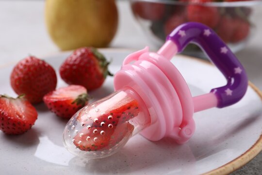 Plastic nibbler with fresh strawberries on plate, closeup. Baby feeder