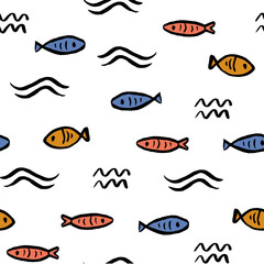 Naklejka premium Textured hand drawn ink arctic winter seamless pattern with waves and fishes 