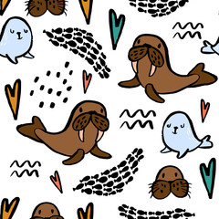 Textured hand drawn ink arctic winter seamless pattern with walruses and seals 
