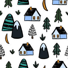Strukturierte, handgezeichnete Tinte im arktischen Winter, nahtloses Muster mit kleinen Häusern, Hügeln und Mond