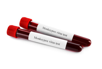 Monkeypox virus test. Sample tubes with blood on white background