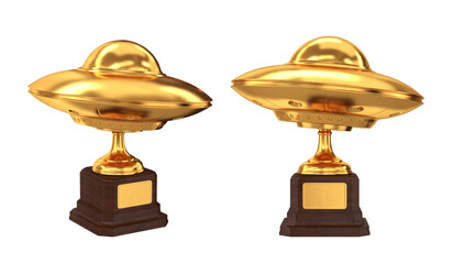 A set of golden UFO trophies on a white background, 3d render © salamahin