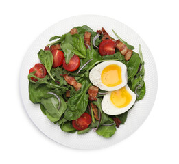 Delicious salad with boiled egg, bacon and tomatoes isolated on white, top view