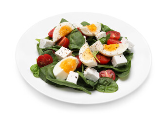 Delicious salad with boiled eggs, feta cheese and tomatoes isolated on white